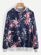 Shein Contrast Ribbed Trim Botanical Print Raglan Hoodie