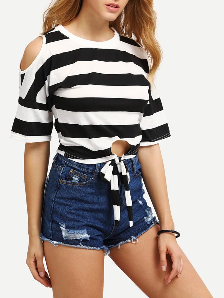 Shein Open Shoulder Tie-front Crop Striped T-shirt
