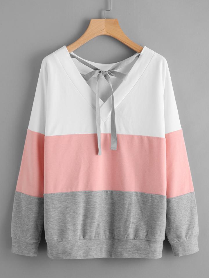 Shein Cut And Sew Tied V Neck Pullover