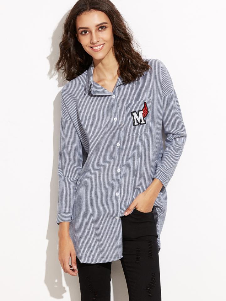 Shein Blue Vertical Striped Drop Shoulder Patch Shirt