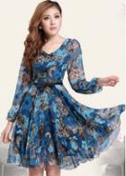 Rosewe Lantern Sleeve V Neck  Chiffon Printed Dress