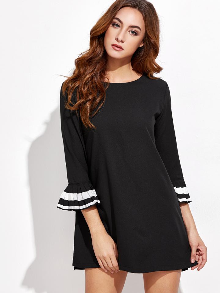 Shein Striped Trim Ruffle Cuff Shift Dress