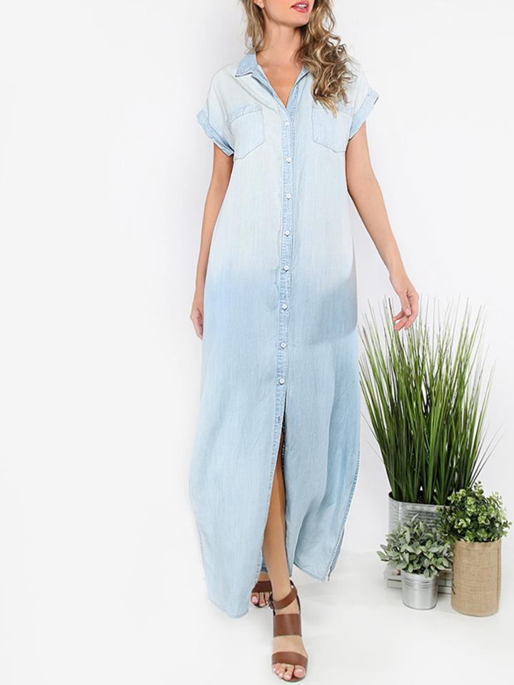 Shein Cap Sleeve Button Denim Dress