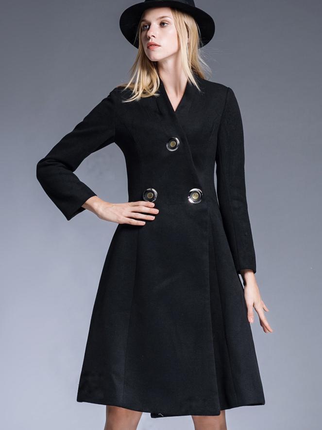 Shein Black V Neck Long Sleeve Pockets Coat