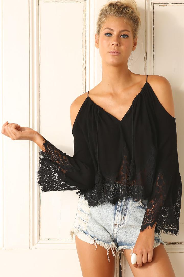 Shein Black Spaghetti Strap With Lace Blouse