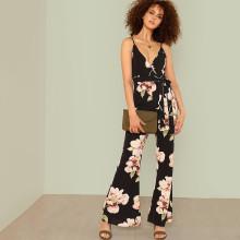 Shein Flower Print Flare Hem Wrap Jumpsuit