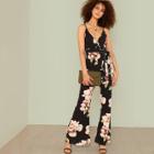 Shein Flower Print Flare Hem Wrap Jumpsuit