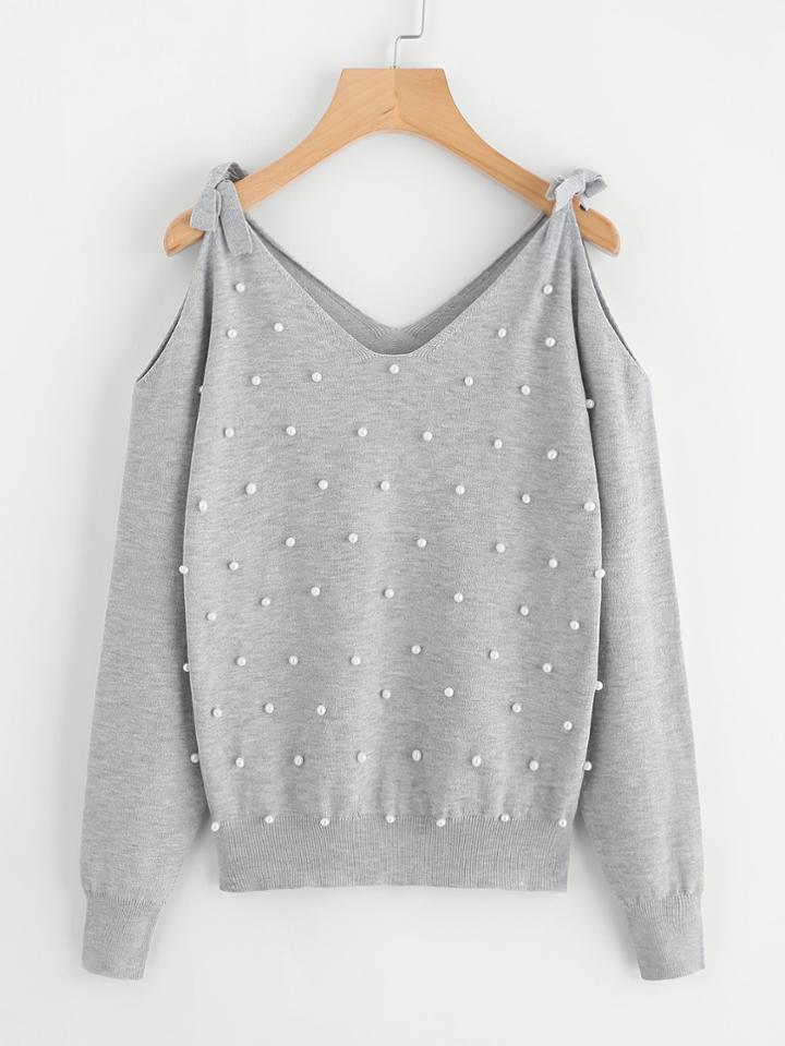 Shein Pearl Beading Bow Tie Open Shoulder Sweater