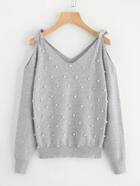 Shein Pearl Beading Bow Tie Open Shoulder Sweater