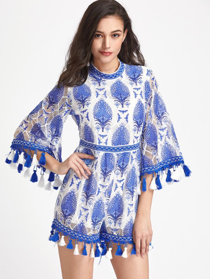 Shein Printed Lace Overlay Split Back Fringe Trim Romper