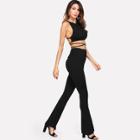 Shein Lace Up Backless Crop Top & Flare Hem Pants Set