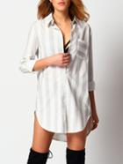Shein Grey Lapel Vertical Stripe Pocket Shirt Dress