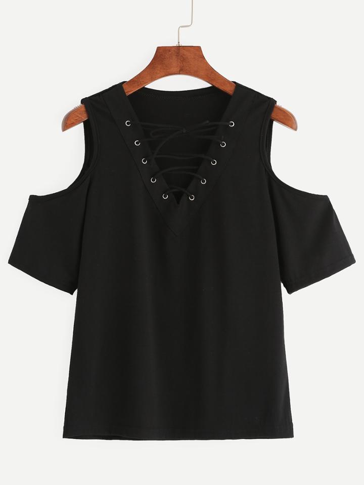 Shein Black Lace Up Open Shoulder T-shirt