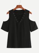 Shein Black Lace Up Open Shoulder T-shirt