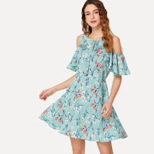 Shein Open Shoulder Laser Cut Insert Botanical Dress