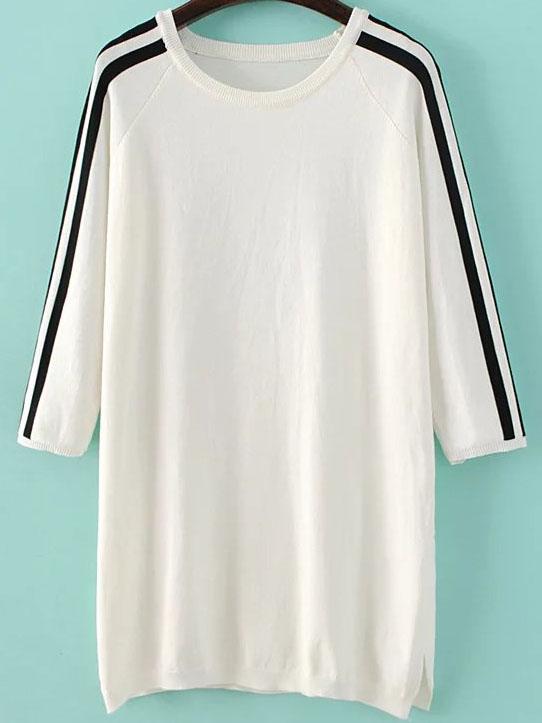 Shein White Striped Raglan Sleeve Side Slit Sweater Dress