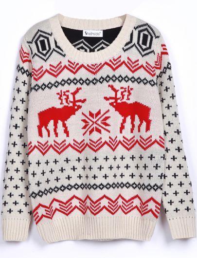Shein Beige Long Sleeve Deer Print Loose Pullovers Sweater