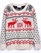 Shein Beige Long Sleeve Deer Print Loose Pullovers Sweater