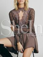Shein Brown Long Sleeve With Lace Dress