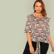 Shein Plus Geo Print Knot Blouse