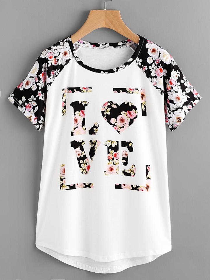 Shein Contrast Florals Raglan Sleeve Curved Hem Tee