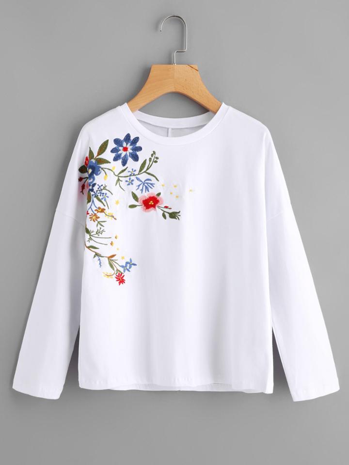Shein Drop Shoulder Flower Blossom Embroidered Tee