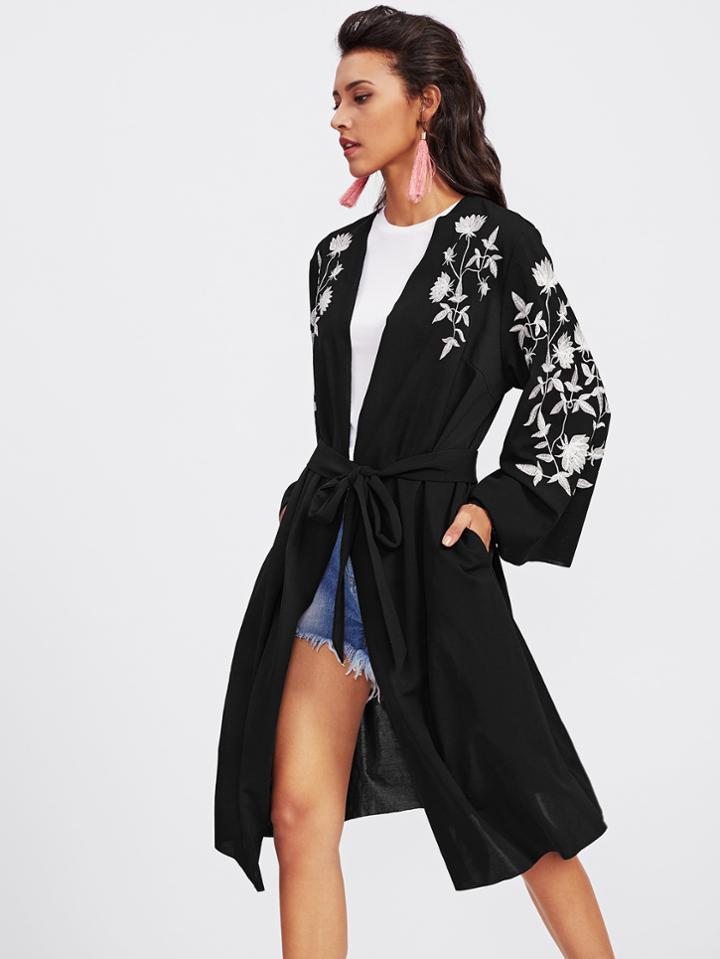 Shein Botanical Embroidered Wrap Coat