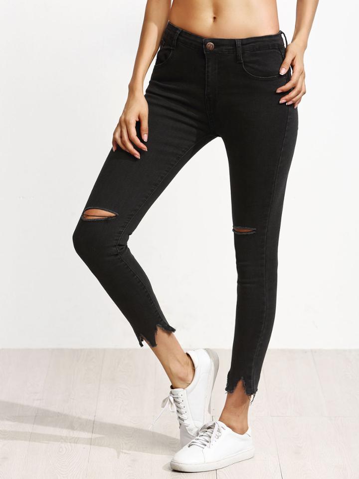 Shein Black Ripped Raw Hem Skinny Jeans