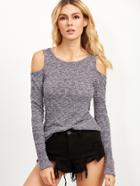 Shein Grey Marled Knit Cold Shoulder Ribbed T-shirt