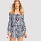 Shein Pompom Embellished Gingham Blouse And Shorts Set