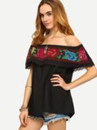 Shein Black Off The Shoulder Embroidered Blouse