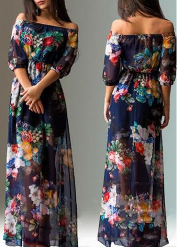 Rosewe Chiffon Off The Shoulder Flower Print Maxi Dress