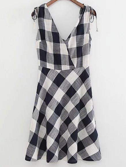 Shein Multicolor Cross V Neck Plaids Skater Dress