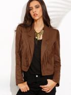 Shein Brown Lapel Tassel Long Sleeve Crop Jacket