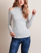 Shein White Black Cold Shoulder Striped T-shirt