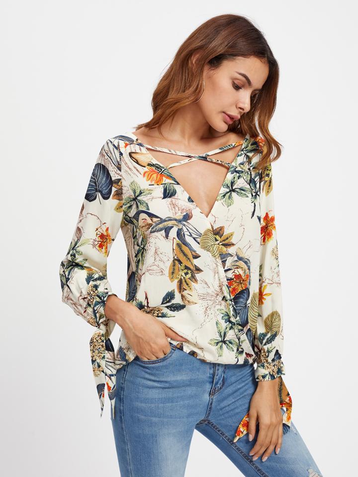 Shein Crisscross Surplice Neckline Tie Detail Tropical Print Blouse