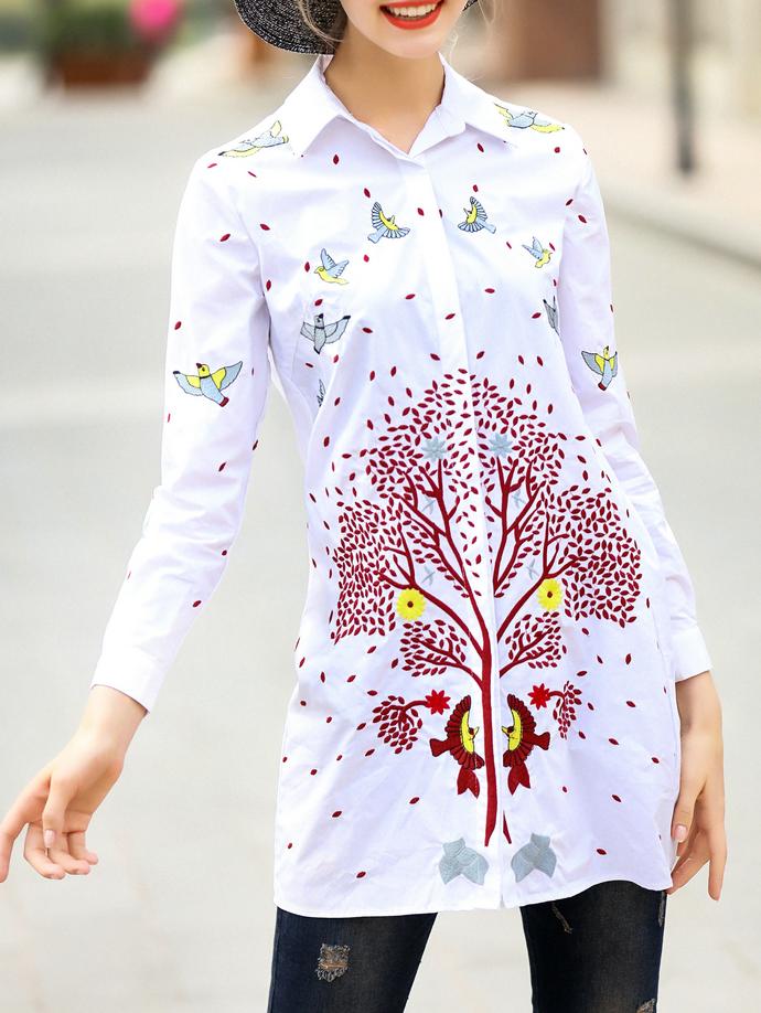 Shein White Lapel Birds Embroidered Blouse