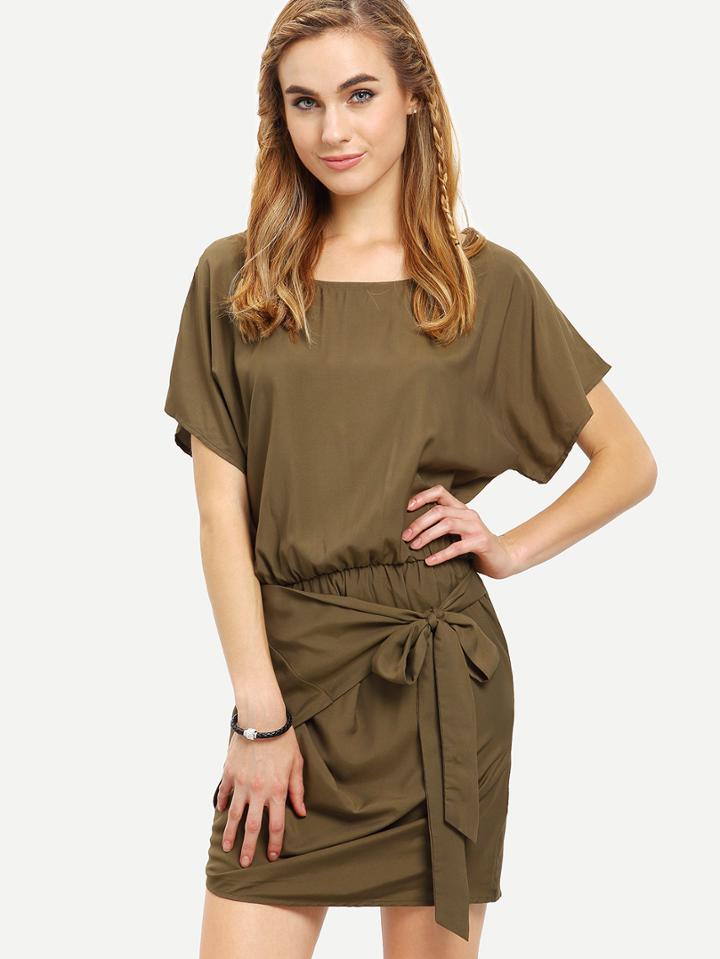 Shein Army Green Round Neck Tie Waist Asymmetrical Dress