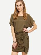 Shein Army Green Round Neck Tie Waist Asymmetrical Dress