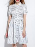 Shein White Lapel Print Tie-waist Dress