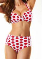 Rosewe White And Red Polka Dot Strappy Bikini Set