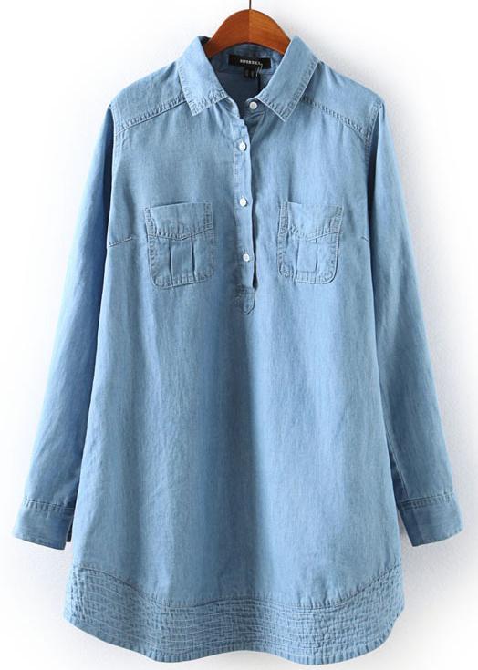 Shein Blue Lapel Long Sleeve Pockets Denim Blouse