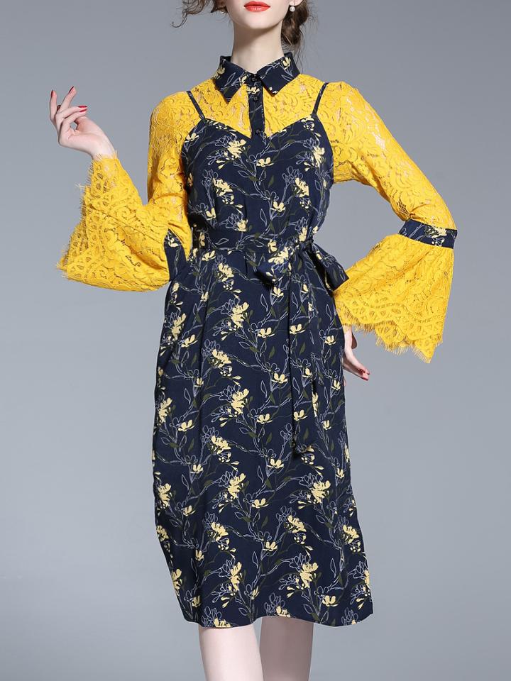Shein Yellow Lace Spaghetti Strap Print Two-pieces Dress