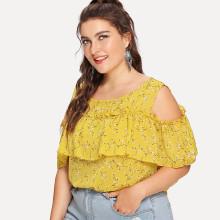 Shein Plus Open Shoulder Calico Print Frill Blouse