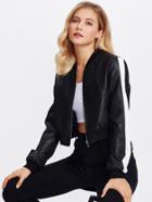 Shein Striped Sleeve Crop Pu Bomber Jacket