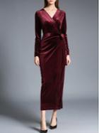 Shein Burgundy V Neck Tie-waist Velvet Dress