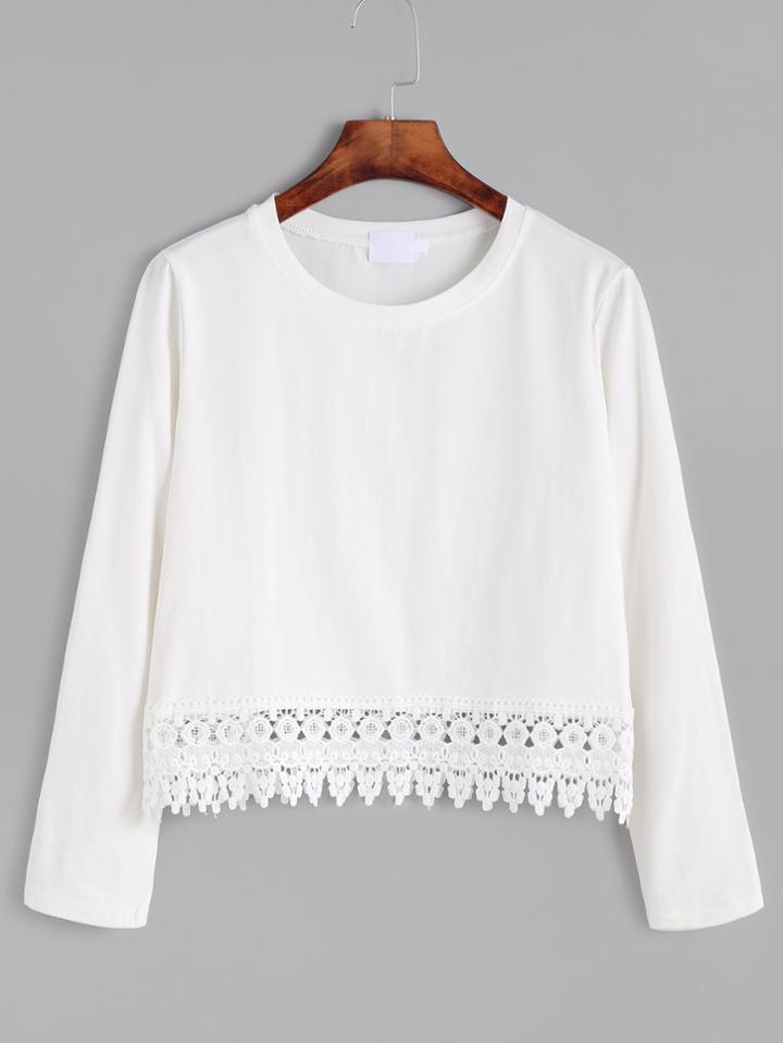 Shein White Contrast Lace Hem T-shirt