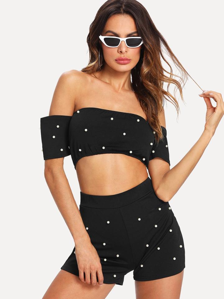 Shein Off Shoulder Pearls Beaded Crop Top With Shorts