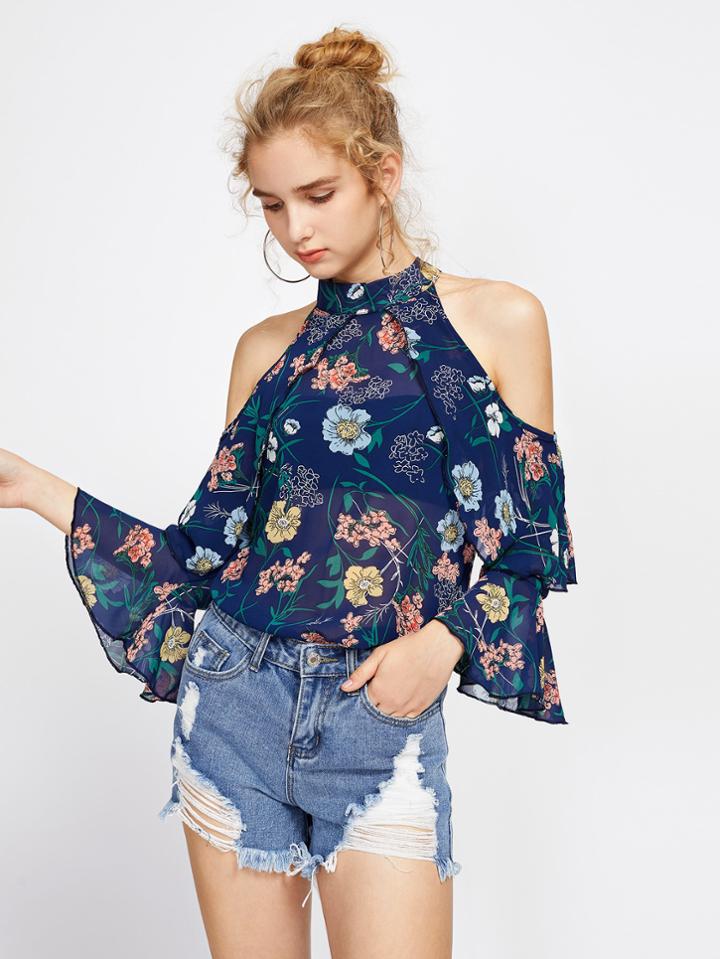 Shein Random Foliage Print Open Shoulder Frill Layered Top