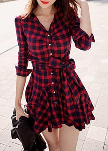 Rosewe Plaid Print Button Closure Red High Low Dress